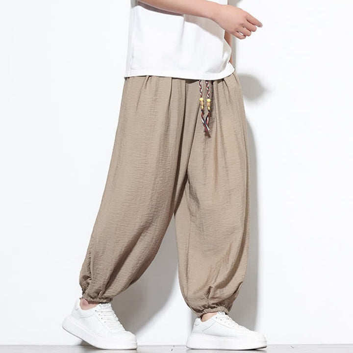 Buddha Stones Pantaloni corti estivi casual boho con coulisse, pantaloni harem da uomo a tinta unita con tasca - image 27