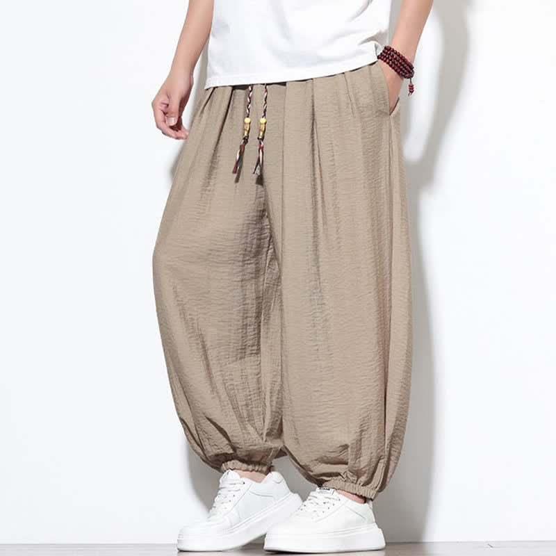 Buddha Stones Pantaloni corti estivi casual boho con coulisse, pantaloni harem da uomo a tinta unita con tasca - image 31