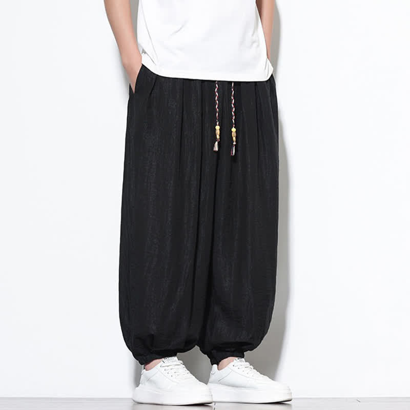 Buddha Stones Pantaloni corti estivi casual boho con coulisse, pantaloni harem da uomo a tinta unita con tasca - image 10