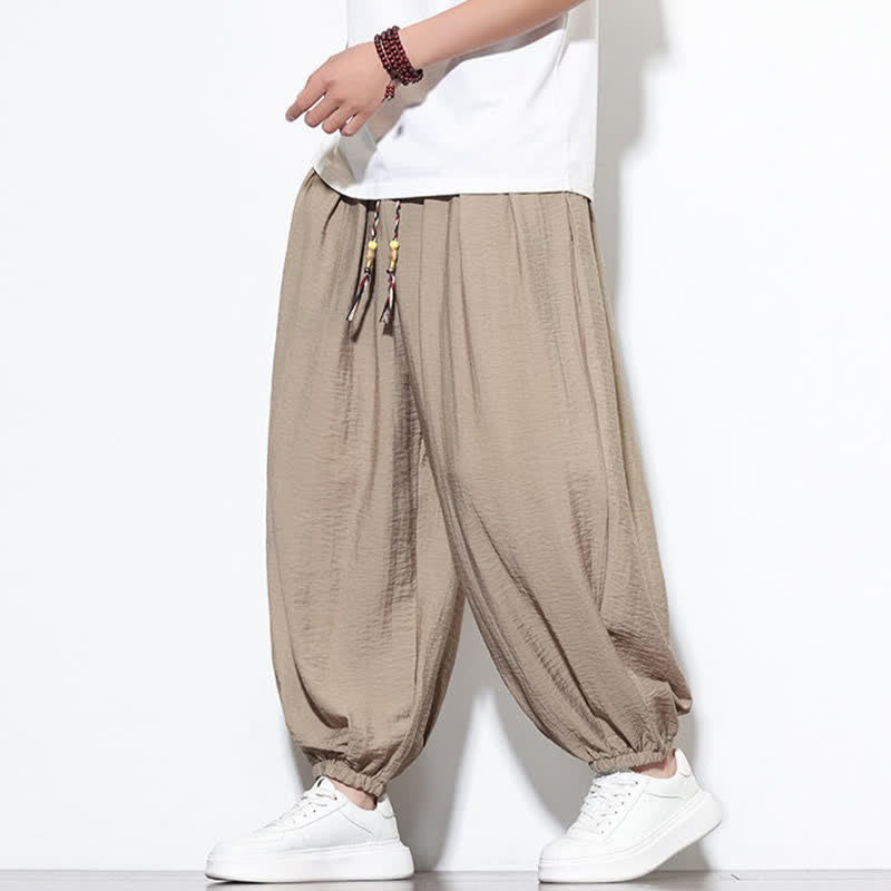 Buddha Stones Pantaloni corti estivi casual boho con coulisse, pantaloni harem da uomo a tinta unita con tasca - image 28