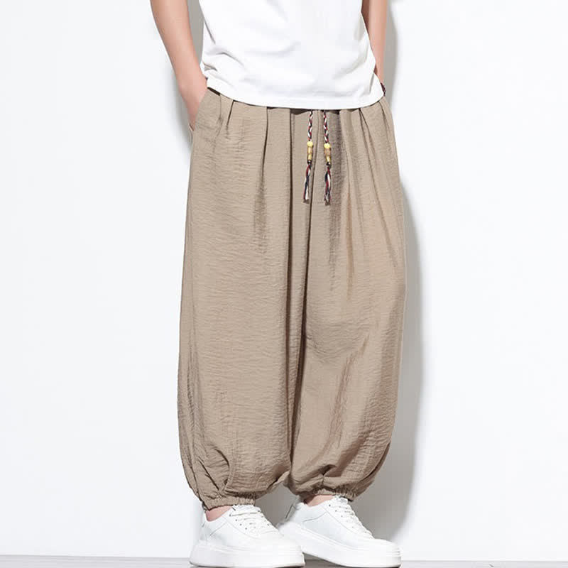 Buddha Stones Pantaloni corti estivi casual boho con coulisse, pantaloni harem da uomo a tinta unita con tasca - image 30