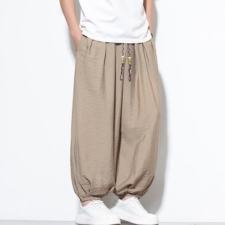 Buddha Stones Pantaloni corti estivi casual boho con coulisse, pantaloni harem da uomo a tinta unita con tasca - image 30
