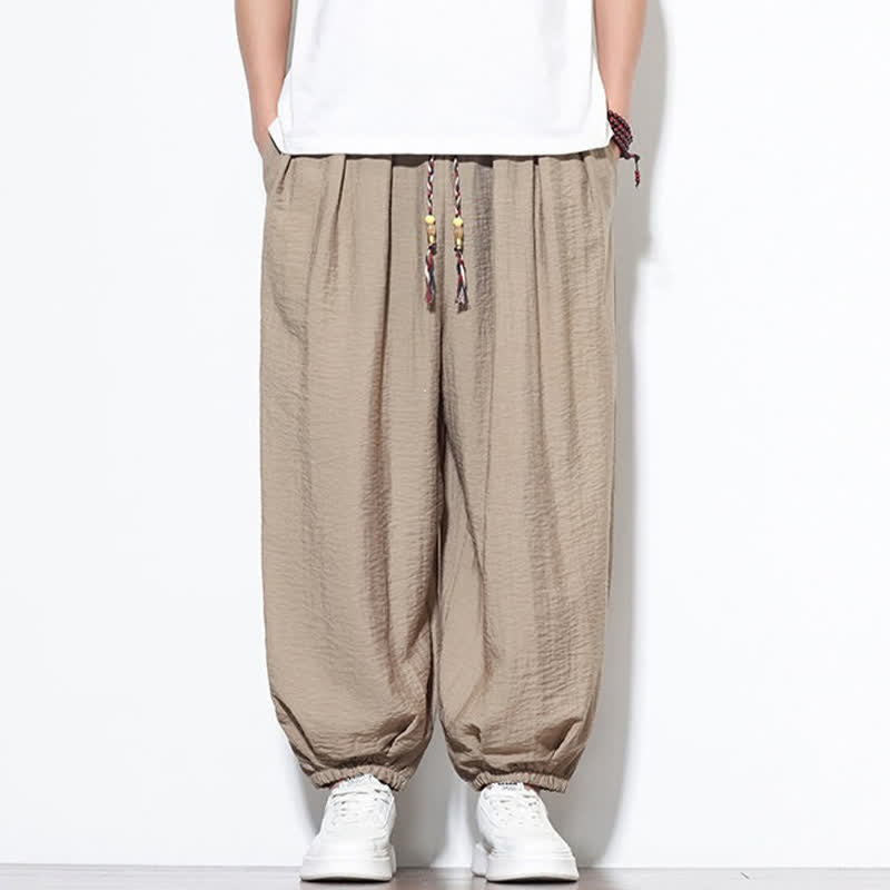 Buddha Stones Pantaloni corti estivi casual boho con coulisse, pantaloni harem da uomo a tinta unita con tasca - image 33