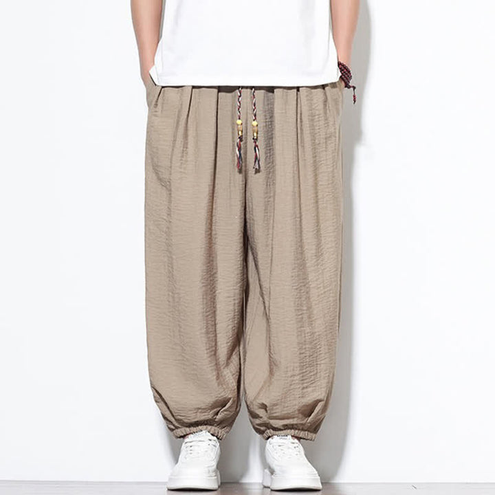Buddha Stones Pantaloni corti estivi casual boho con coulisse, pantaloni harem da uomo a tinta unita con tasca - image 33