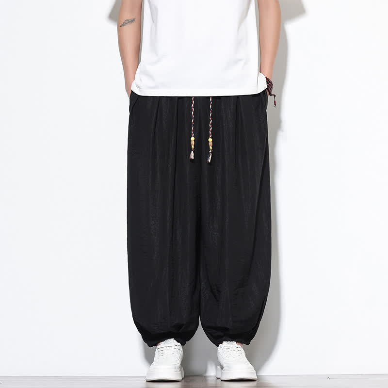 Buddha Stones Pantaloni corti estivi casual boho con coulisse, pantaloni harem da uomo a tinta unita con tasca - image 17