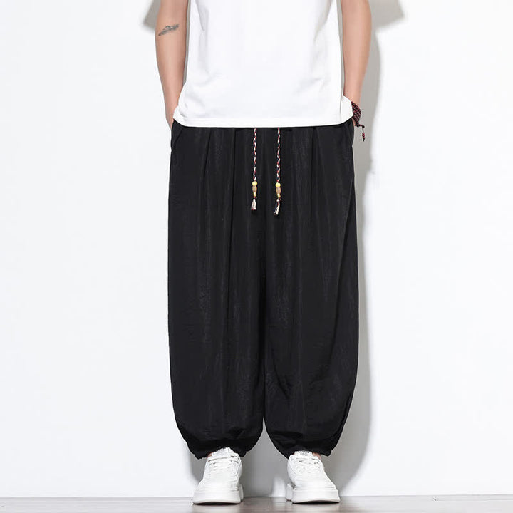 Buddha Stones Pantaloni corti estivi casual boho con coulisse, pantaloni harem da uomo a tinta unita con tasca - image 17