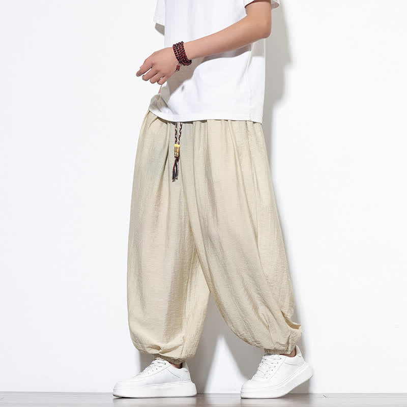 Buddha Stones Pantaloni corti estivi casual boho con coulisse, pantaloni harem da uomo a tinta unita con tasca - image 5
