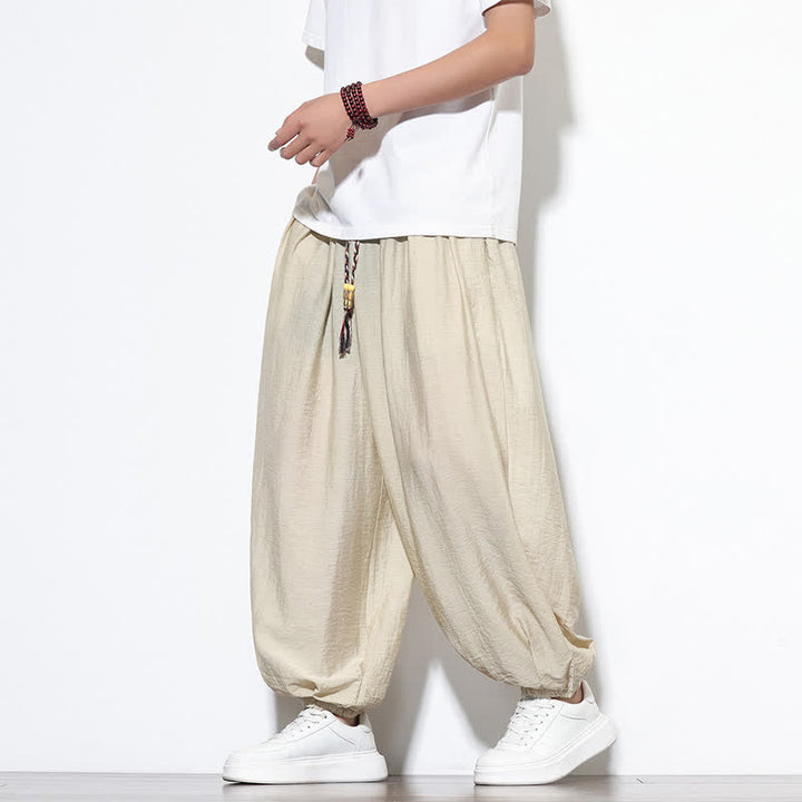 Buddha Stones Pantaloni corti estivi casual boho con coulisse, pantaloni harem da uomo a tinta unita con tasca - image 5