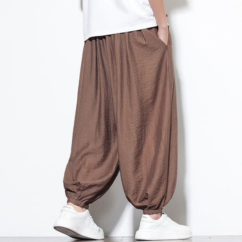 Buddha Stones Pantaloni corti estivi casual boho con coulisse, pantaloni harem da uomo a tinta unita con tasca - image 21