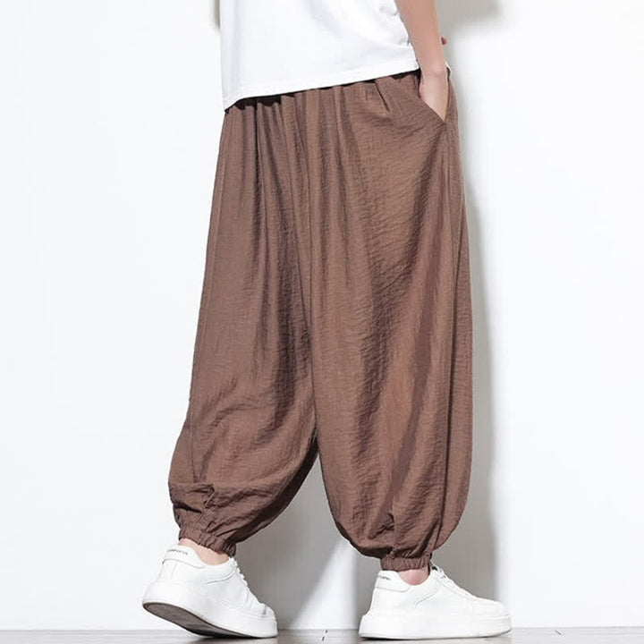 Buddha Stones Pantaloni corti estivi casual boho con coulisse, pantaloni harem da uomo a tinta unita con tasca - image 21