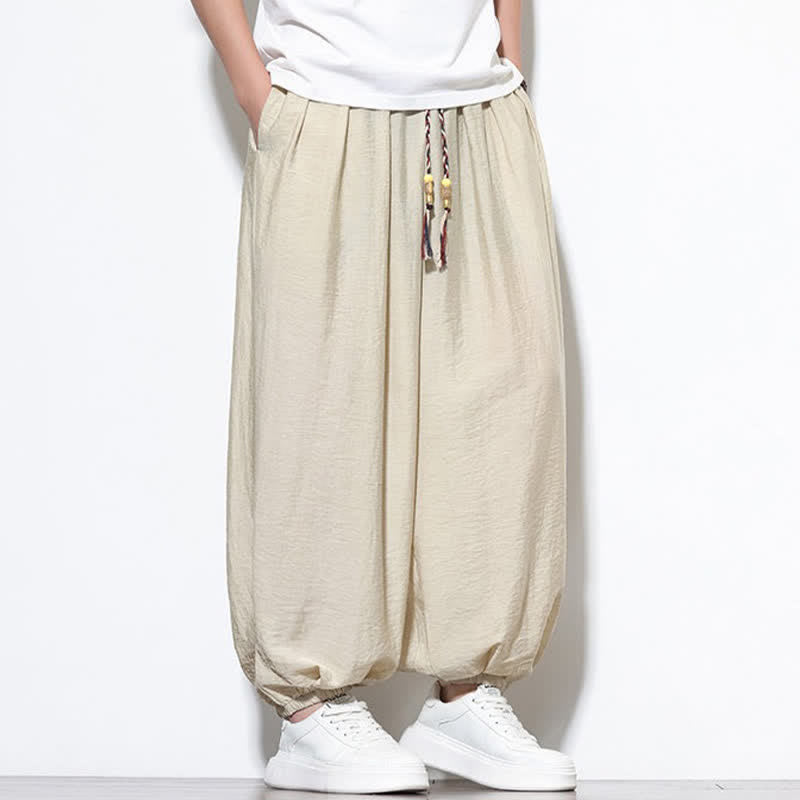 Buddha Stones Pantaloni corti estivi casual boho con coulisse, pantaloni harem da uomo a tinta unita con tasca - image 7