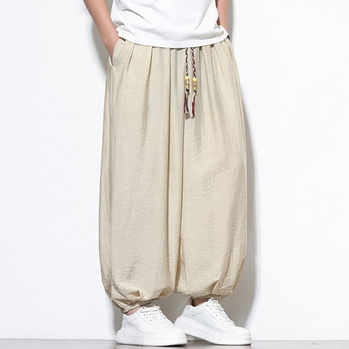 Buddha Stones Pantaloni corti estivi casual boho con coulisse, pantaloni harem da uomo a tinta unita con tasca - image 7