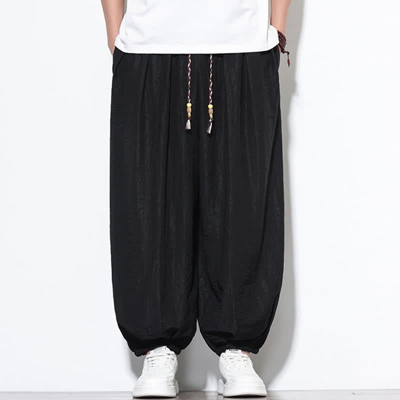 Buddha Stones Pantaloni corti estivi casual boho con coulisse, pantaloni harem da uomo a tinta unita con tasca - Nero - US/UK/AU46, EU56 (5XL) - image 9