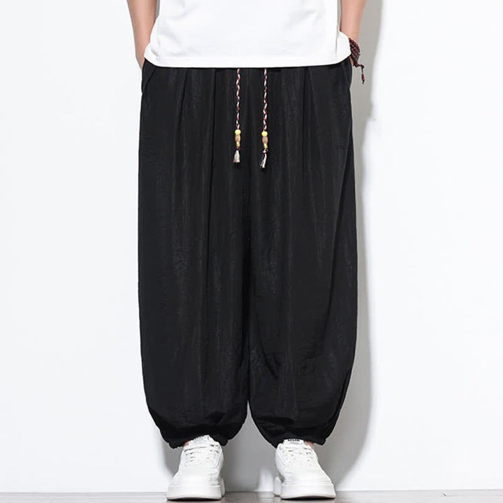Buddha Stones Pantaloni corti estivi casual boho con coulisse, pantaloni harem da uomo a tinta unita con tasca - Nero - US/UK/AU46, EU56 (5XL) - image 9