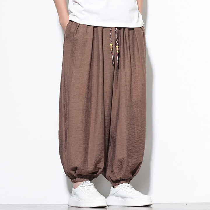 Buddha Stones Pantaloni corti estivi casual boho con coulisse, pantaloni harem da uomo a tinta unita con tasca - image 24