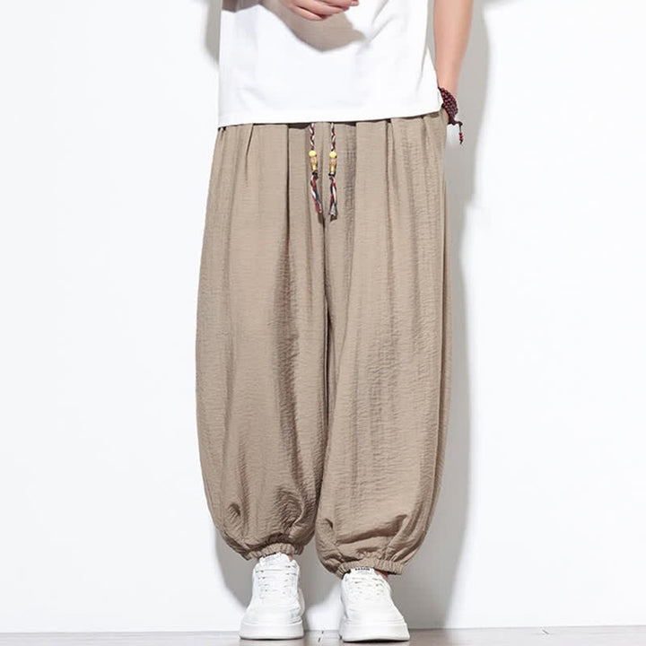 Buddha Stones Pantaloni corti estivi casual boho con coulisse, pantaloni harem da uomo a tinta unita con tasca - Tan - US/UK/AU46, EU56 (5XL) - image 26