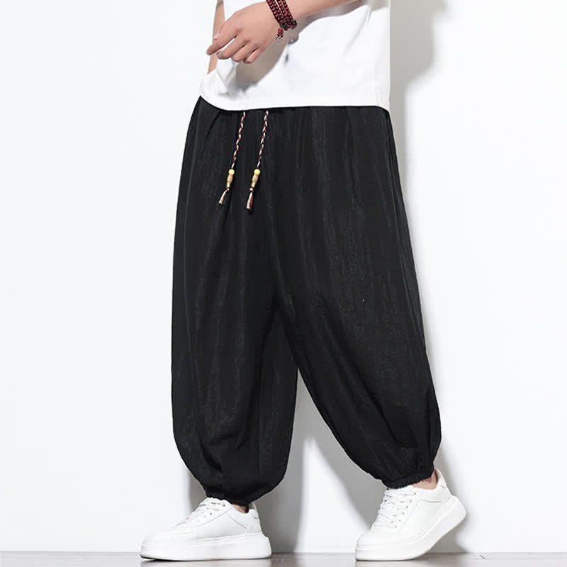Buddha Stones Pantaloni corti estivi casual boho con coulisse, pantaloni harem da uomo a tinta unita con tasca - image 12