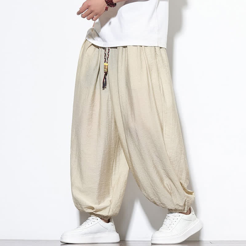 Buddha Stones Pantaloni corti estivi casual boho con coulisse, pantaloni harem da uomo a tinta unita con tasca - Beige - US/UK/AU46, EU56 (5XL) - image 0