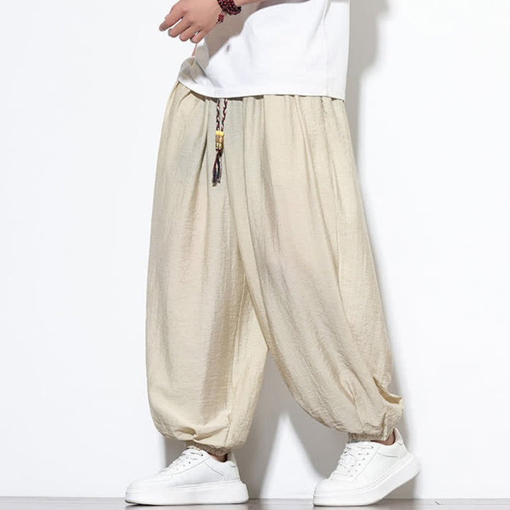 Buddha Stones Pantaloni corti estivi casual boho con coulisse, pantaloni harem da uomo a tinta unita con tasca - Beige - US/UK/AU46, EU56 (5XL) - image 0