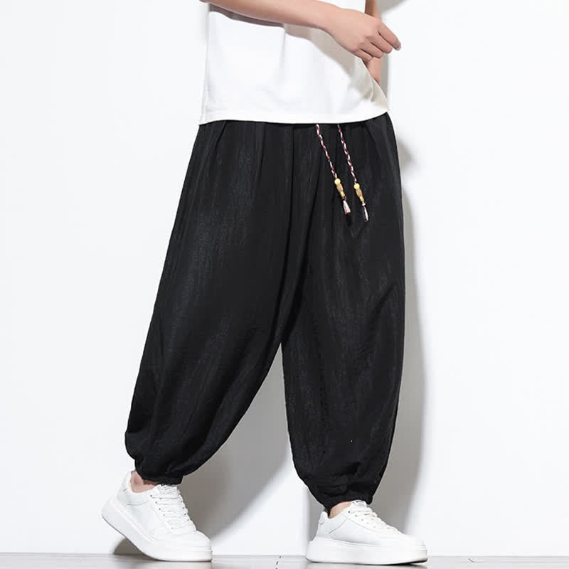 Buddha Stones Pantaloni corti estivi casual boho con coulisse, pantaloni harem da uomo a tinta unita con tasca - image 15