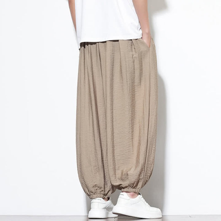 Buddha Stones Pantaloni corti estivi casual boho con coulisse, pantaloni harem da uomo a tinta unita con tasca - image 29