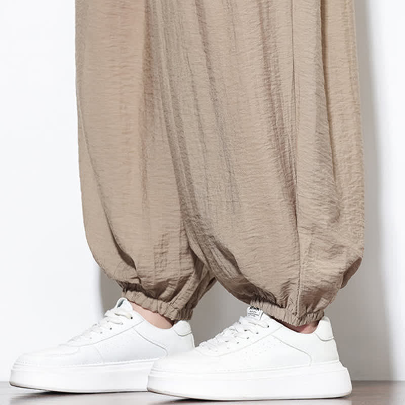 Buddha Stones Pantaloni corti estivi casual boho con coulisse, pantaloni harem da uomo a tinta unita con tasca - image 36