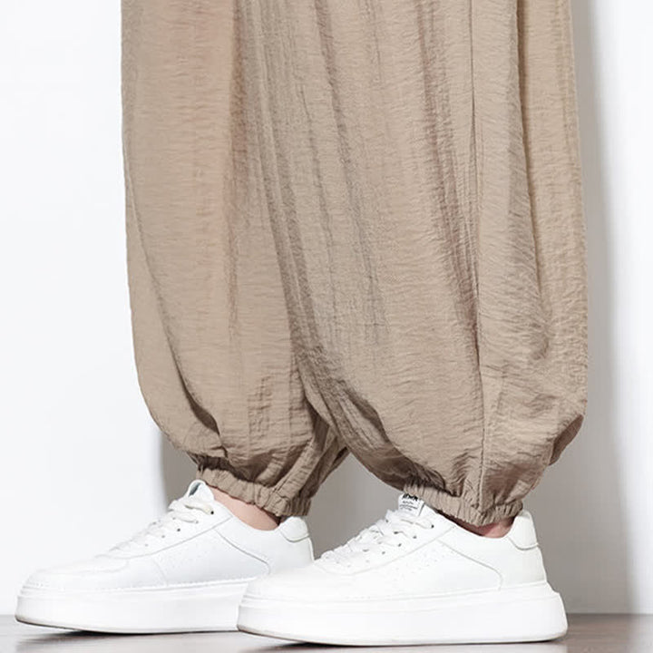 Buddha Stones Pantaloni corti estivi casual boho con coulisse, pantaloni harem da uomo a tinta unita con tasca - image 36