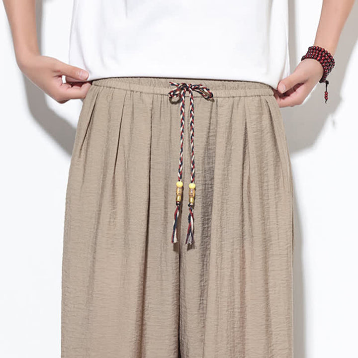 Buddha Stones Pantaloni corti estivi casual boho con coulisse, pantaloni harem da uomo a tinta unita con tasca - image 34
