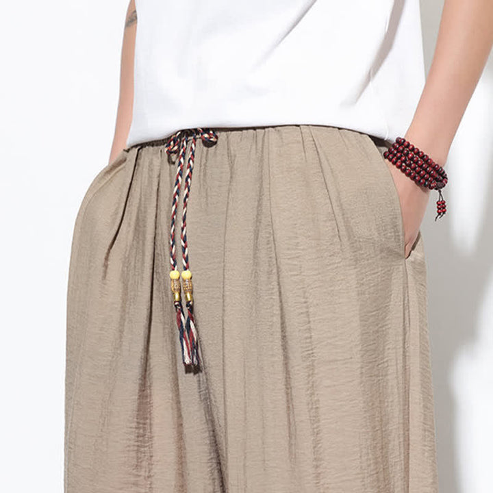 Buddha Stones Pantaloni corti estivi casual boho con coulisse, pantaloni harem da uomo a tinta unita con tasca - image 35