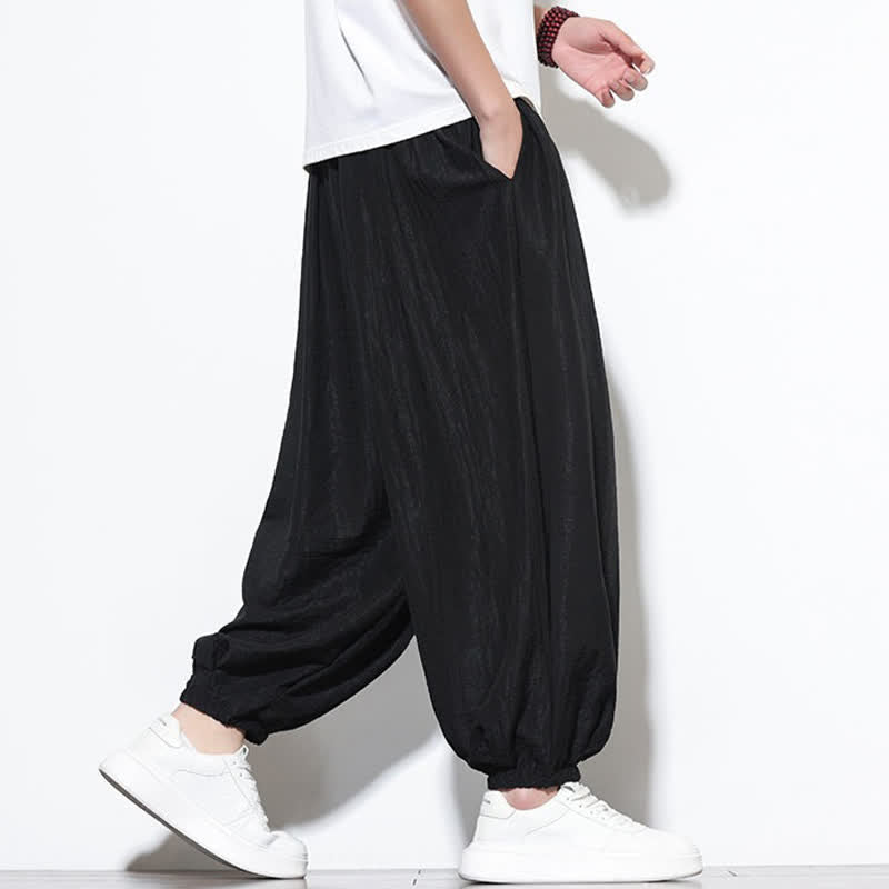 Buddha Stones Pantaloni corti estivi casual boho con coulisse, pantaloni harem da uomo a tinta unita con tasca - image 11