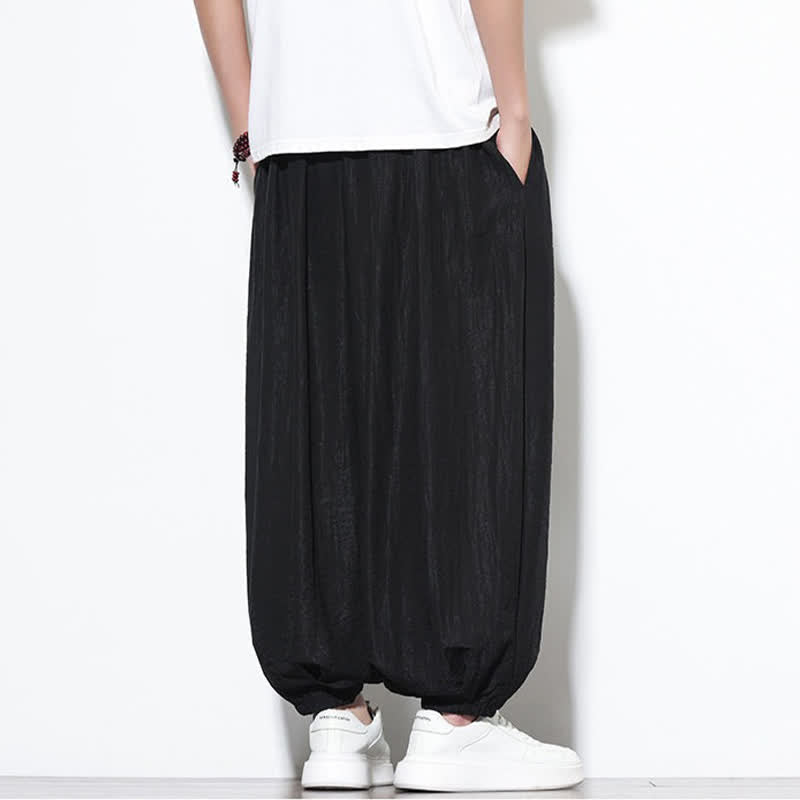 Buddha Stones Pantaloni corti estivi casual boho con coulisse, pantaloni harem da uomo a tinta unita con tasca - image 13