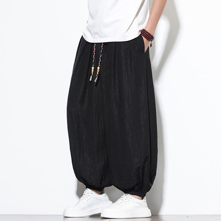 Buddha Stones Pantaloni corti estivi casual boho con coulisse, pantaloni harem da uomo a tinta unita con tasca - image 16