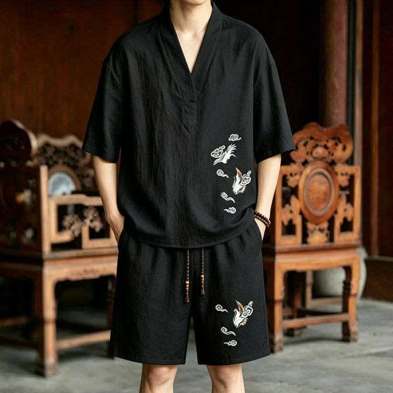 Buddha Stones Completo estivo da uomo con maglietta a maniche corte e pantaloncini corti con ricamo di gru e motivo Tang, stile Tang, con tasche, ideale per la meditazione. - Camicia nera + pantaloncini neri - US/UK/AU46, EU56 (5XL) - image 0