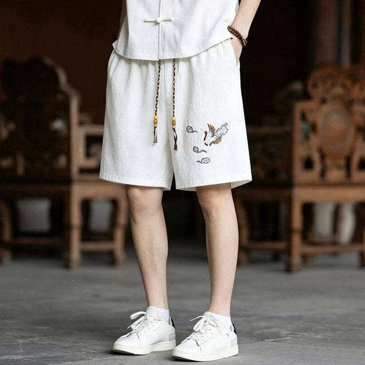 Buddha Stones Completo estivo da uomo con maglietta a maniche corte e pantaloncini corti con ricamo di gru e motivo Tang, stile Tang, con tasche, ideale per la meditazione. - image 12