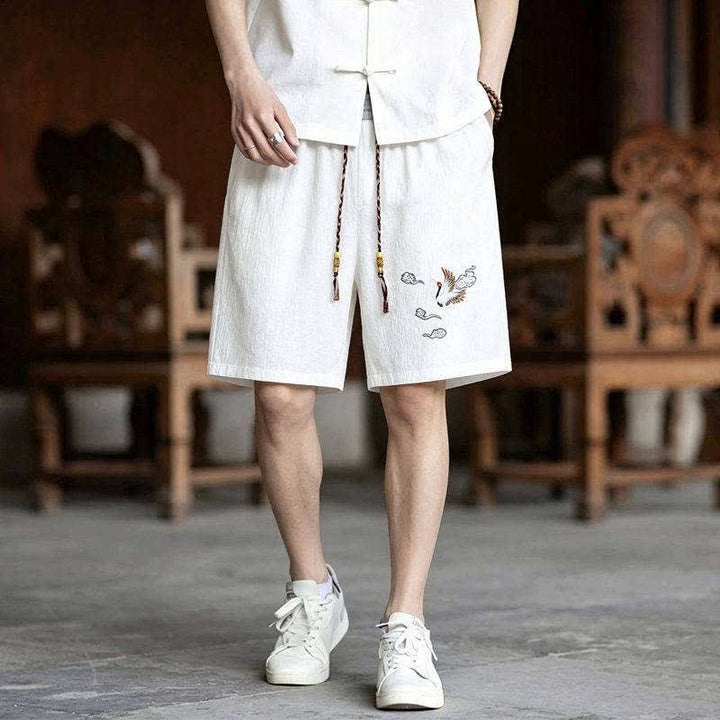 Buddha Stones Completo estivo da uomo con maglietta a maniche corte e pantaloncini corti con ricamo di gru e motivo Tang, stile Tang, con tasche, ideale per la meditazione. - image 11