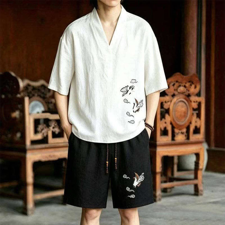 Buddha Stones Completo estivo da uomo con maglietta a maniche corte e pantaloncini corti con ricamo di gru e motivo Tang, stile Tang, con tasche, ideale per la meditazione. - Camicia bianca + pantaloncini neri - US/UK/AU46, EU56 (5XL) - image 5