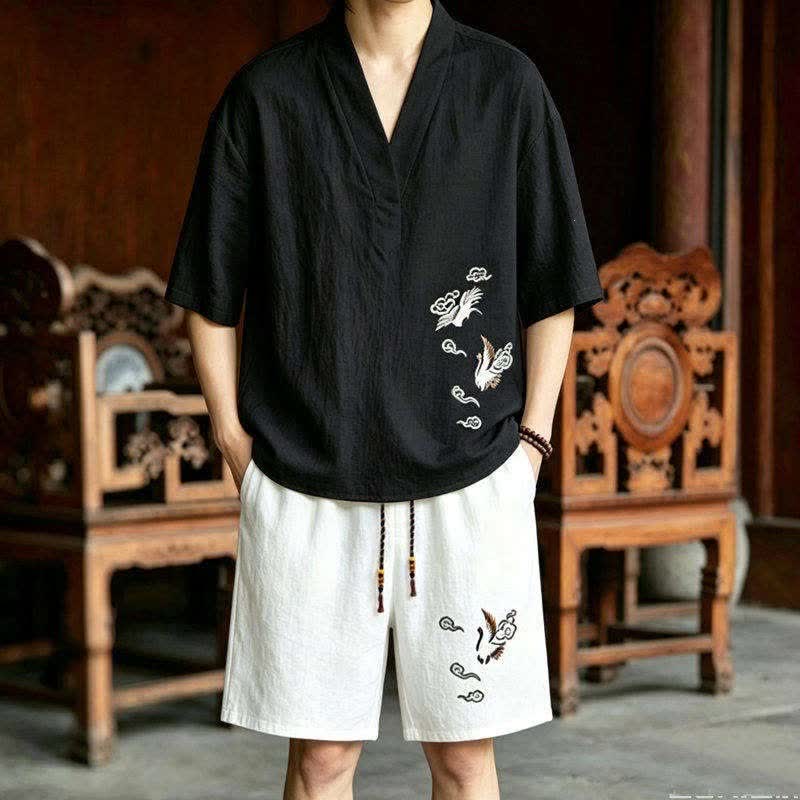 Buddha Stones Completo estivo da uomo con maglietta a maniche corte e pantaloncini corti con ricamo di gru e motivo Tang, stile Tang, con tasche, ideale per la meditazione. - Camicia nera + pantaloncini bianchi - US/UK/AU46, EU56 (5XL) - image 4