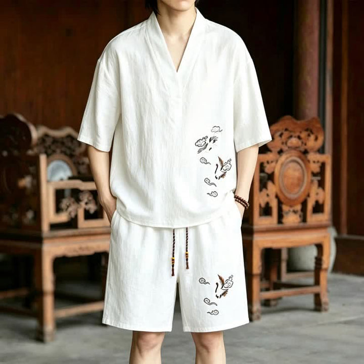 Buddha Stones Completo estivo da uomo con maglietta a maniche corte e pantaloncini corti con ricamo di gru e motivo Tang, stile Tang, con tasche, ideale per la meditazione. - Camicia bianca + pantaloncini bianchi - US/UK/AU46, EU56 (5XL) - image 9