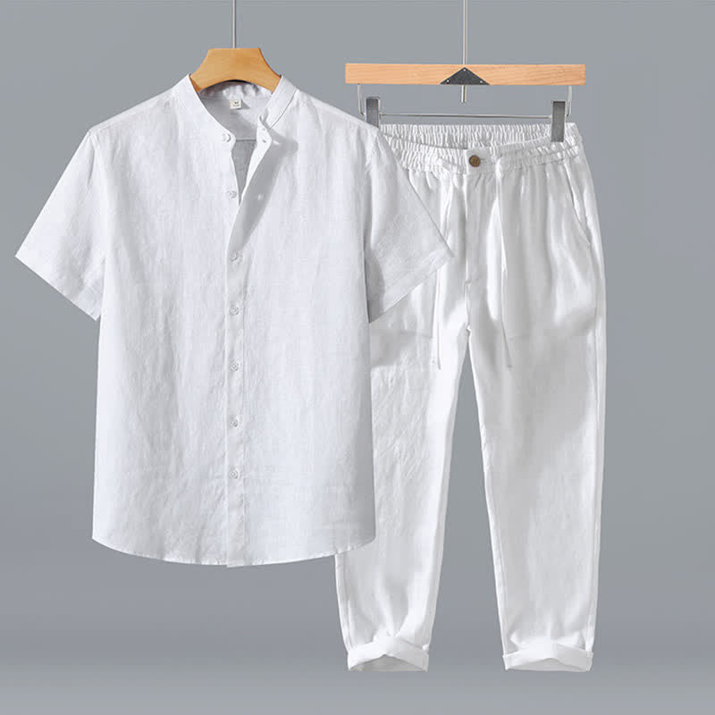 Buddha Stones Completo estivo da uomo in stile Tang con colletto alla coreana, maniche corte e pantaloni corti, con tasca, ideale per la meditazione. - Camicia bianca + pantaloni - US/UK/AU42, EU52 (3XL) - image 19