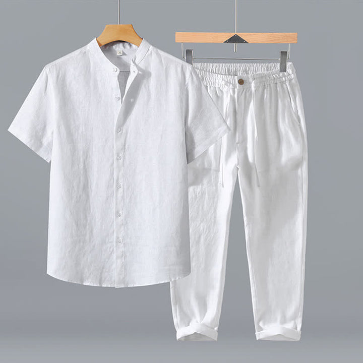 Buddha Stones Completo estivo da uomo in stile Tang con colletto alla coreana, maniche corte e pantaloni corti, con tasca, ideale per la meditazione. - Camicia bianca + pantaloni - US/UK/AU42, EU52 (3XL) - image 19