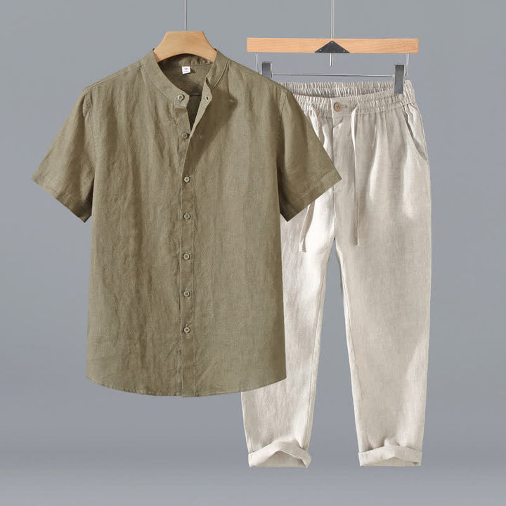 Buddha Stones Completo estivo da uomo in stile Tang con colletto alla coreana, maniche corte e pantaloni corti, con tasca, ideale per la meditazione. - Camicia color kaki scuro + pantaloni beige - US/UK/AU42, EU52 (3XL) - image 2