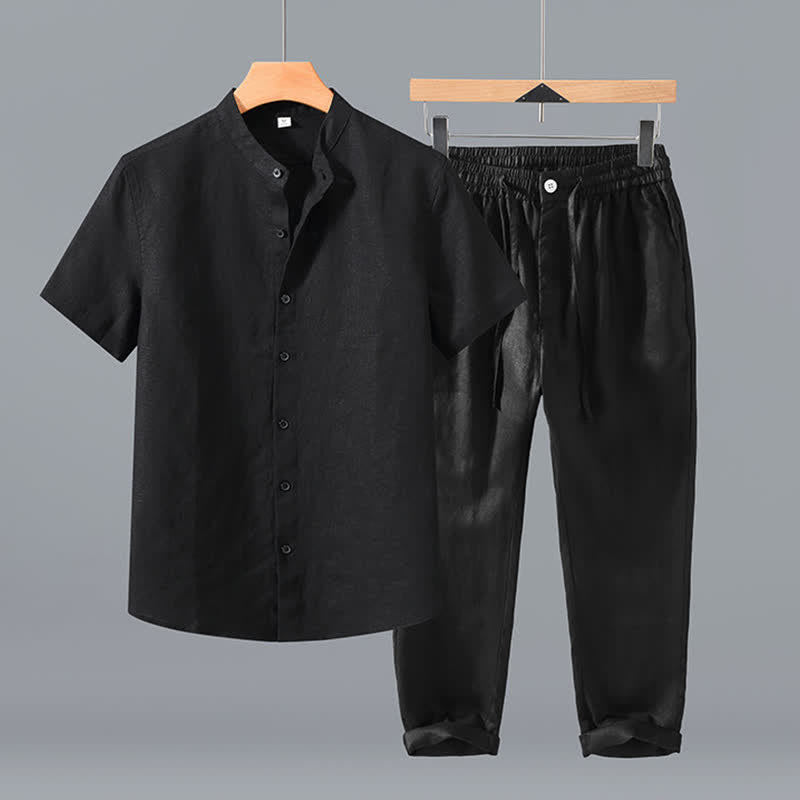 Buddha Stones Completo estivo da uomo in stile Tang con colletto alla coreana, maniche corte e pantaloni corti, con tasca, ideale per la meditazione. - Camicia nera + pantaloni - US/UK/AU42, EU52 (3XL) - image 1