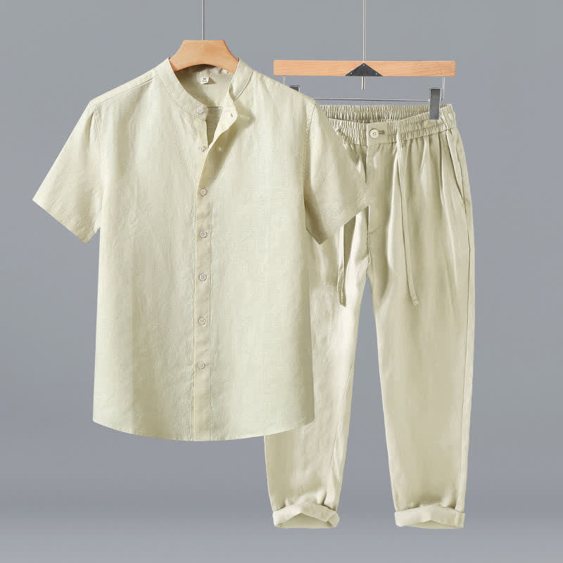 Buddha Stones Completo estivo da uomo in stile Tang con colletto alla coreana, maniche corte e pantaloni corti, con tasca, ideale per la meditazione. - Camicia e pantaloni beige - US/UK/AU42, EU52 (3XL) - image 10