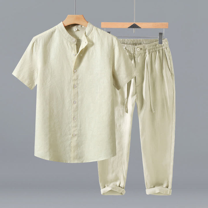 Buddha Stones Completo estivo da uomo in stile Tang con colletto alla coreana, maniche corte e pantaloni corti, con tasca, ideale per la meditazione. - Camicia e pantaloni beige - US/UK/AU42, EU52 (3XL) - image 10