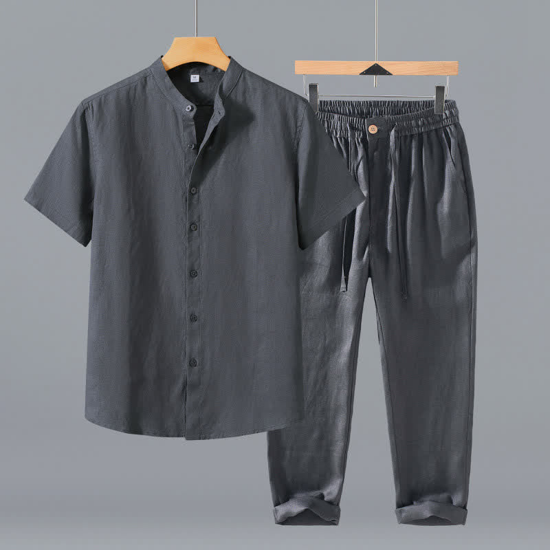 Buddha Stones Completo estivo da uomo in stile Tang con colletto alla coreana, maniche corte e pantaloni corti, con tasca, ideale per la meditazione. - Camicia e pantaloni grigi - US/UK/AU42, EU52 (3XL) - image 0