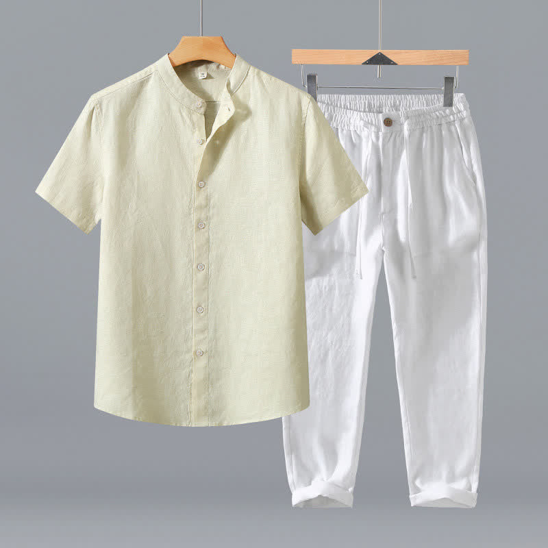 Buddha Stones Completo estivo da uomo in stile Tang con colletto alla coreana, maniche corte e pantaloni corti, con tasca, ideale per la meditazione. - Camicia beige + pantaloni bianchi - US/UK/AU42, EU52 (3XL) - image 17