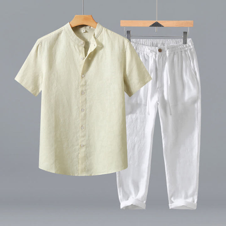 Buddha Stones Completo estivo da uomo in stile Tang con colletto alla coreana, maniche corte e pantaloni corti, con tasca, ideale per la meditazione. - Camicia beige + pantaloni bianchi - US/UK/AU42, EU52 (3XL) - image 17