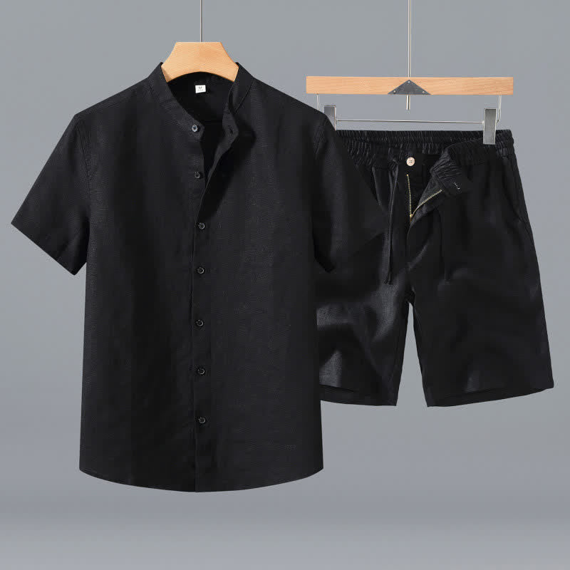 Buddha Stones Completo estivo da uomo composto da camicia a maniche corte in lino tinta unita con colletto alla coreana e bottoni, ideale per la meditazione, con tasca. - Camicia nera + pantaloncini - US/UK/AU42, EU52 (3XL) - image 8