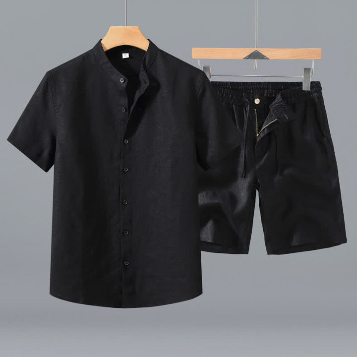 Buddha Stones Completo estivo da uomo composto da camicia a maniche corte in lino tinta unita con colletto alla coreana e bottoni, ideale per la meditazione, con tasca. - Camicia nera + pantaloncini - US/UK/AU42, EU52 (3XL) - image 8