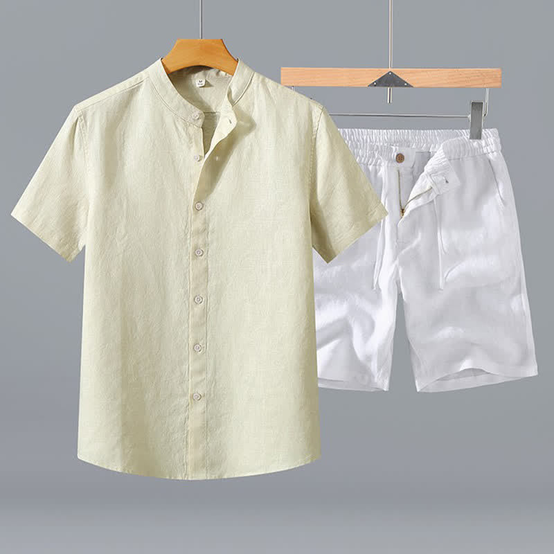 Buddha Stones Completo estivo da uomo composto da camicia a maniche corte in lino tinta unita con colletto alla coreana e bottoni, ideale per la meditazione, con tasca. - Camicia beige + pantaloncini bianchi - US/UK/AU42, EU52 (3XL) - image 10
